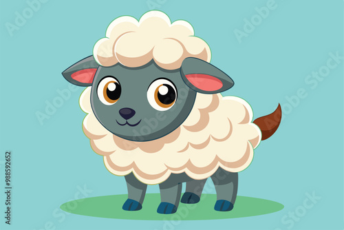 A cheerful cartoon sheep stands on grass, looking curiously with big eyes and fluffy wool, a cartoon character of a Cute sheep