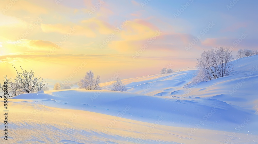 Winter sunset, golden light reflecting off snow-covered hills, pastel-colored sky, ample space for copy in the sky. Winter sunset, golden light reflecting off snow-covered hills, pastel-colored sky, ample space for copy in the sky.