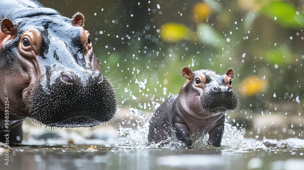 Fototapeta premium Two hippos are playing in the water, with one of them being a baby