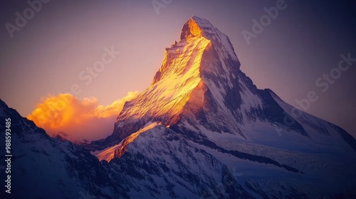 The majestic Matterhorn, towering above the Swiss Alps, bathed in golden sunlight at dawn with snow-capped peaks and a crystal-clear sky.