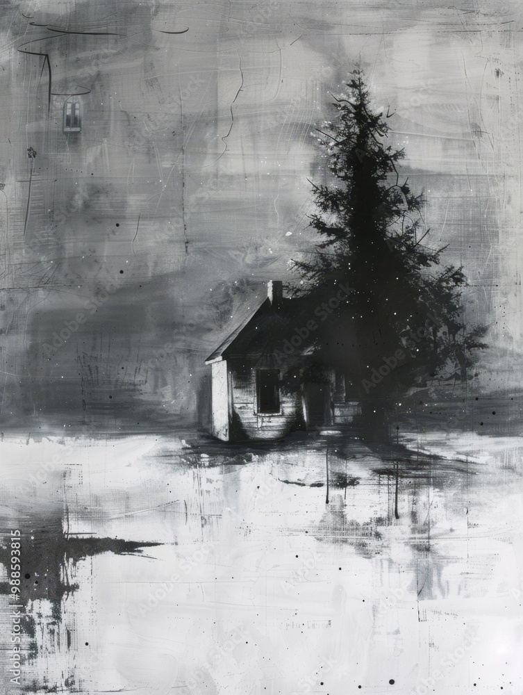 Fototapeta premium House with Christmas tree. Black and white grunge draw on the theme of Christmas. Gloomy, brutal style showing the dark side of Christmas.