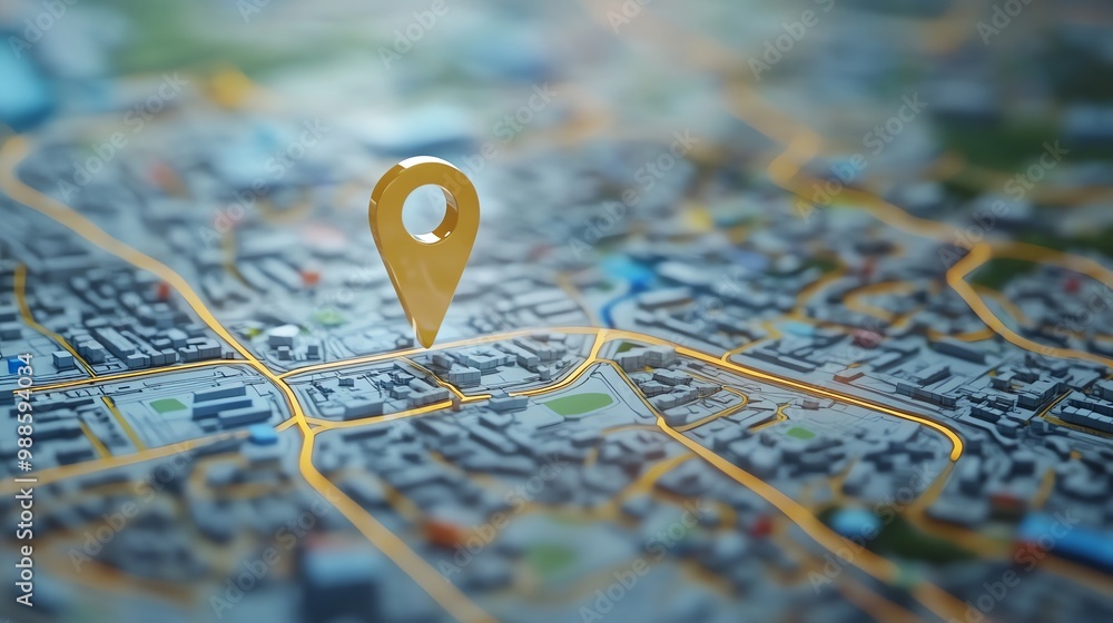 A gold location pin on a map of a city. A gold location pin on a map of a city.