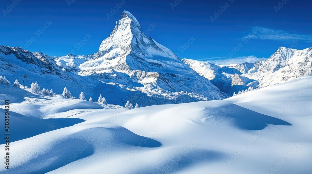 Obraz premium The Matterhorn in winter, with fresh snow blanketing the landscape and the peak standing out against a deep blue sky, creating a serene and majestic view.