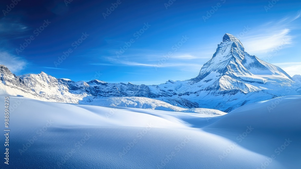 The Matterhorn in winter, with fresh snow blanketing the landscape and the peak standing out against a deep blue sky, creating a serene and majestic view. The Matterhorn in winter, with fresh snow blanketing the landscape and the peak standing out against a deep blue sky, creating a serene and majestic view.