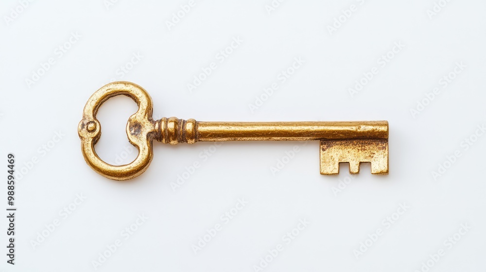 A shiny golden key, old-fashioned in design, lies flat in the center of the white background, its metal catching light. A shiny golden key, old-fashioned in design, lies flat in the center of the white background, its metal catching light.