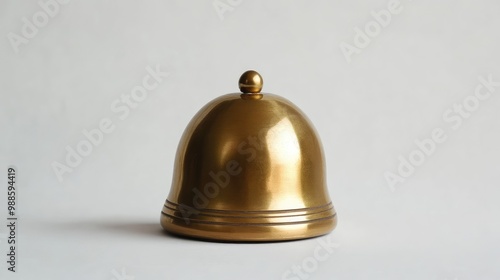 A shiny brass bell sits in the center of the white background, its smooth surface reflecting soft light.