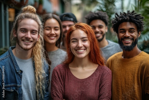 Friends all grouped together. Shot of a group cheerful friends standing together for a portrait while looking at the camera, Generative AI