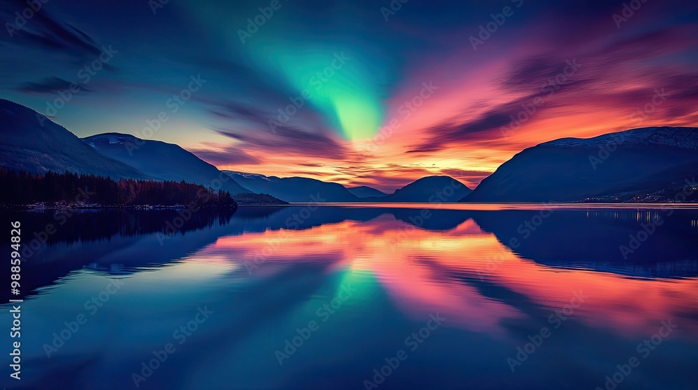 The Northern Lights shimmering over the calm waters of a fjord, reflecting the colors of the sky in perfect stillness. The Northern Lights shimmering over the calm waters of a fjord, reflecting the colors of the sky in perfect stillness.