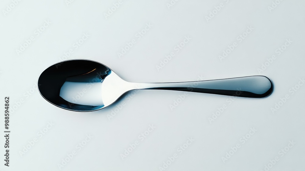 A shiny silver spoon lies horizontally at the center of the white background, reflecting the light softly. A shiny silver spoon lies horizontally at the center of the white background, reflecting the light softly.