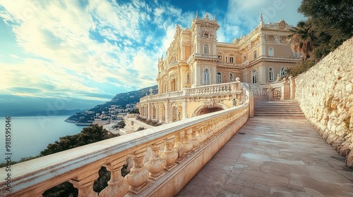 The opulent Monaco palace, standing majestic against the sky, but strangely deserted, with no tourists or guards in sight. photo