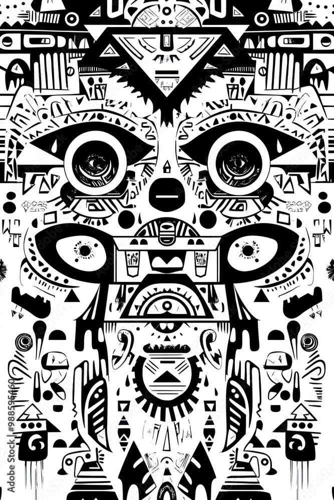 A black and white symmetrical pattern with geometric shapes and abstract designs, creating a stylized face. A black and white symmetrical pattern with geometric shapes and abstract designs, creating a stylized face.