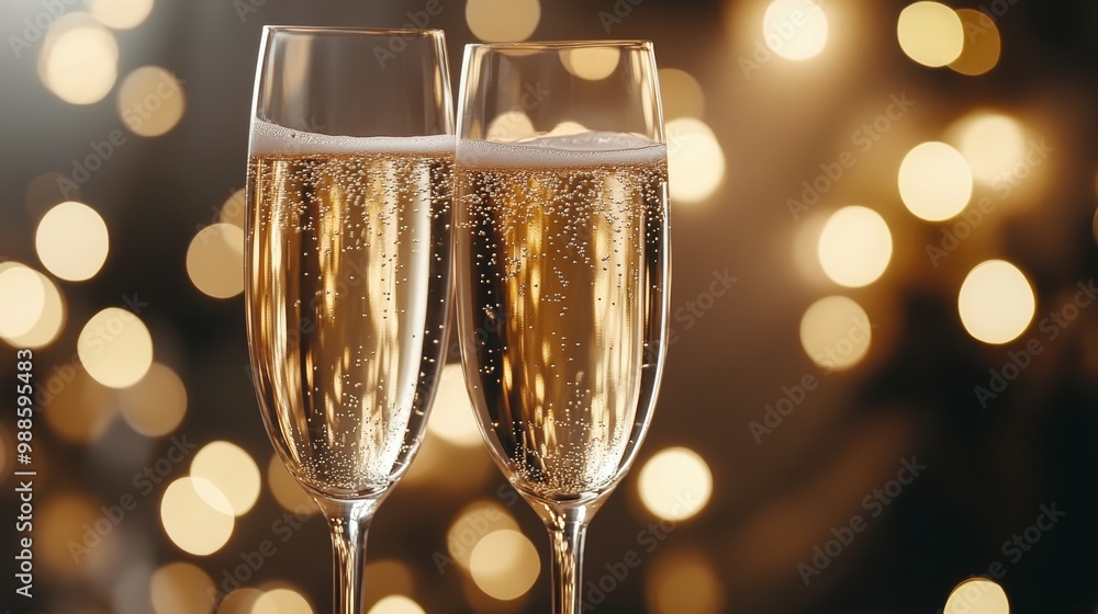 Hands clinking champagne glasses with golden bokeh lights. Hands clinking champagne glasses with golden bokeh lights.
