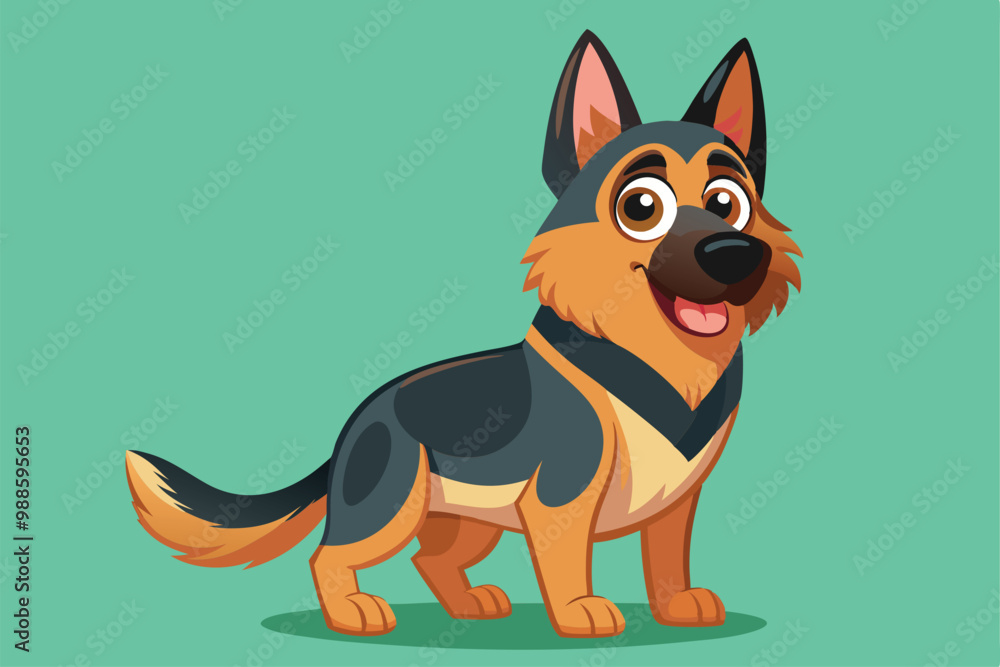 A cartoon German Shepherd dog smiles joyfully while standing on a vibrant green background, a cartoon character of a German shepherd dog A cartoon German Shepherd dog smiles joyfully while standing on a vibrant green background, a cartoon character of a German shepherd dog