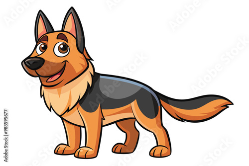 A cartoon German Shepherd dog smiles happily while standing in a colorful park environment, a cartoon character of a German shepherd dog