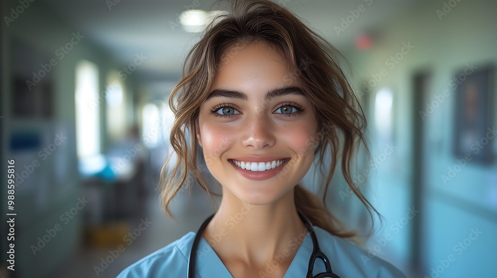 Smiling Female Doctor Taking a Selfie in a Bright Hospital Hallway with a Stethoscope Smiling Female Doctor Taking a Selfie in a Bright Hospital Hallway with a Stethoscope