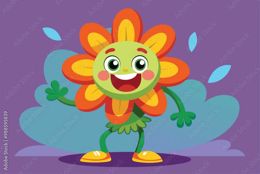 Fototapeta premium Happy flower character with vibrant petals excitedly greets viewers in a cheerful background, a cartoon character of a Groovy Flower Cartoon