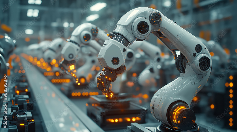 Fototapeta premium Artificial intelligence robot arms working efficiently in an automated production line, revolutionizing modern manufacturing with precision and speed.