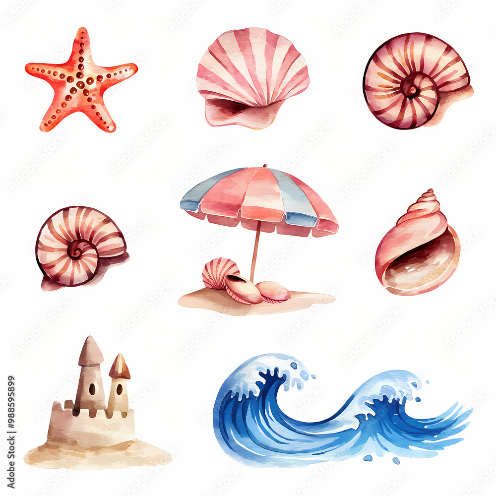set of sea shells, A set of watercolor clipart, isolated on white background. set of sea shells, A set of watercolor clipart, isolated on white background.