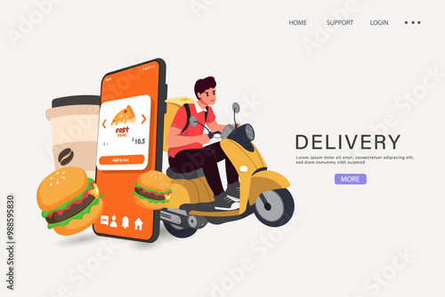 Food delivery drivers in green uniforms drive motorcycles or scooters to deliver food to customers following red pin map indicating customer's coordinates, vector for food delivery advertising design
