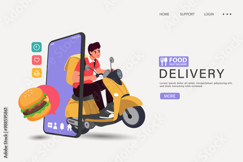 Food delivery drivers in green uniforms drive motorcycles or scooters to deliver food to customers following red pin map indicating customer's coordinates, vector for food delivery advertising design
