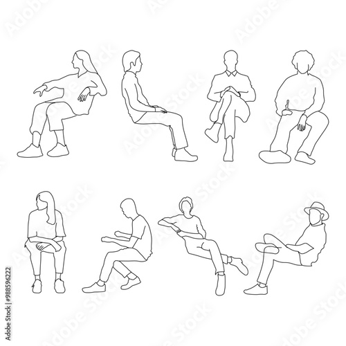 Linear silhouettes of seated people, designed for use in architectural plans, sections, and layouts. 