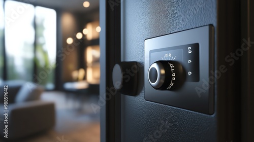 A close up of a combination lock on a safe door. photo