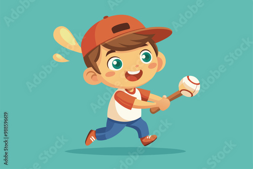 A happy little boy joyfully swings a baseball bat while running across a vibrant field, a cartoon character of a Happy cute little boy playing baseball