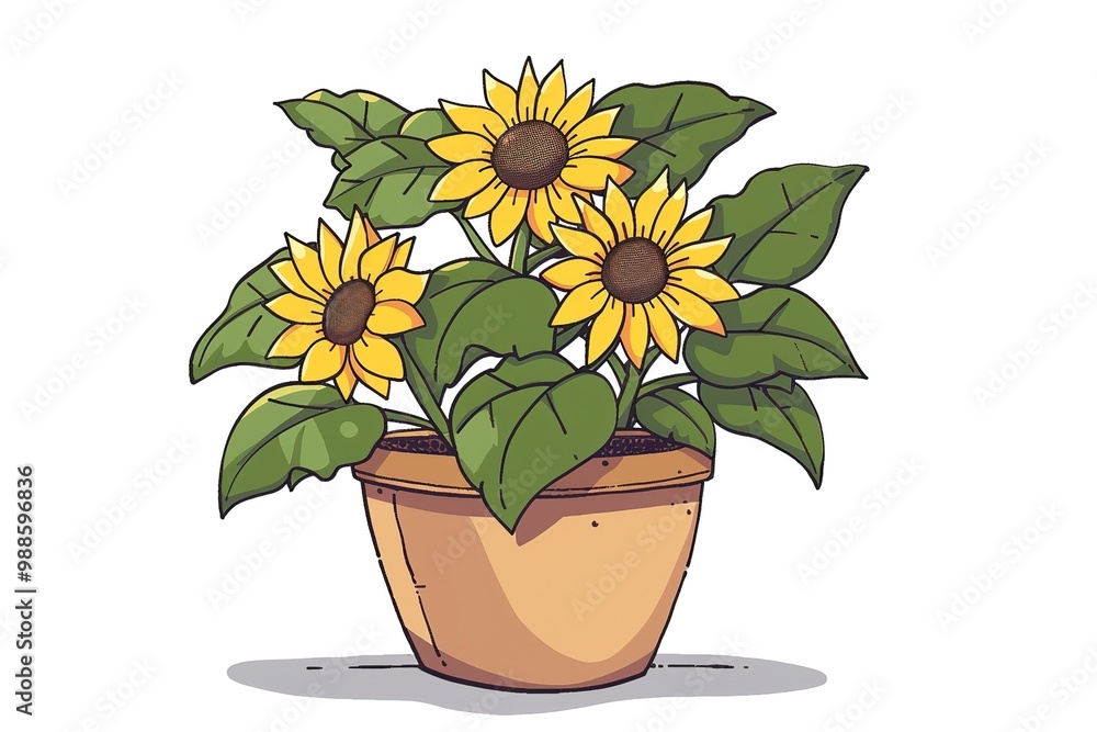 a sunflower illustration with leaf and a pot a sunflower illustration with leaf and a pot
