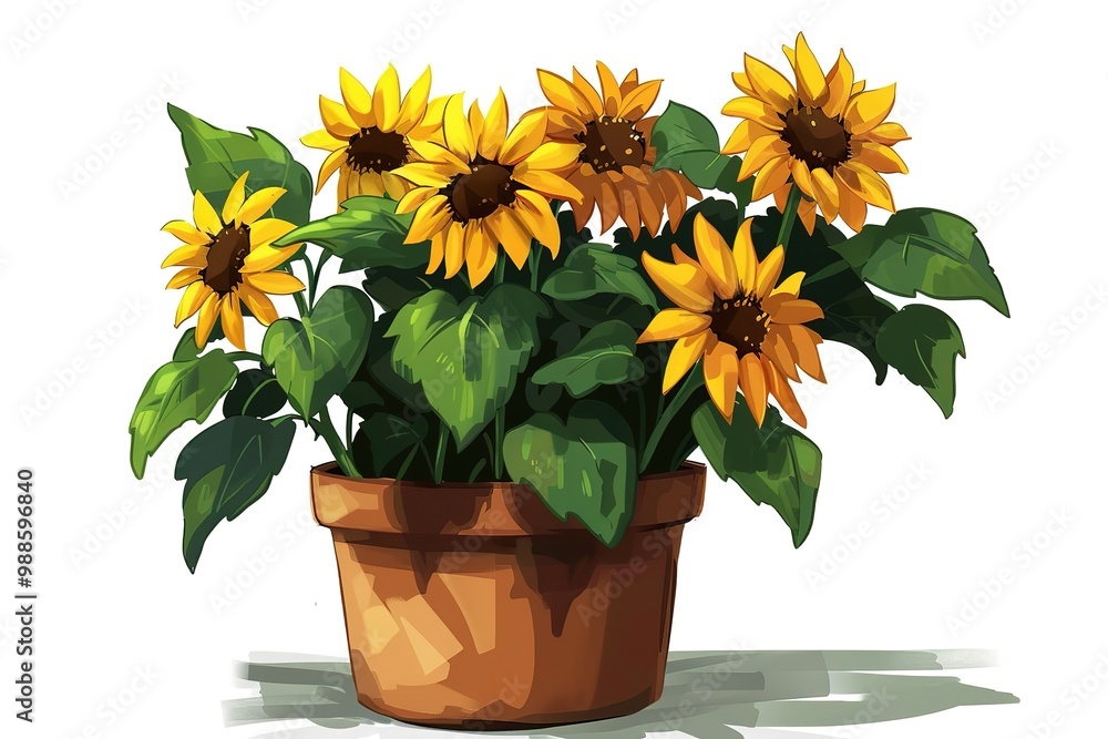 a sunflower illustration with leaf and a pot a sunflower illustration with leaf and a pot