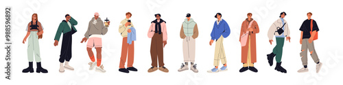 Set of diverse fashion men with accessories. Row of people wearing stylish outfits. Guys in trendy clothes with bags, caps. Male street vogue. Flat isolated vector illustrations on white background