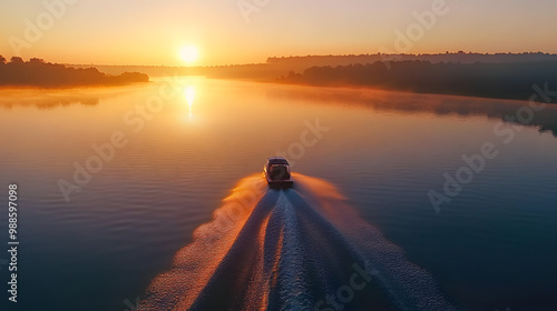 A classic motorboat speeding across a lake at sunrise leaving a long wake behind. photo