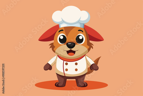 A cartoon dog chef is smiling while wearing a chef's hat and apron, looking ready to cook, a cartoon character of a illustration of a dog is wearing a chef's hat