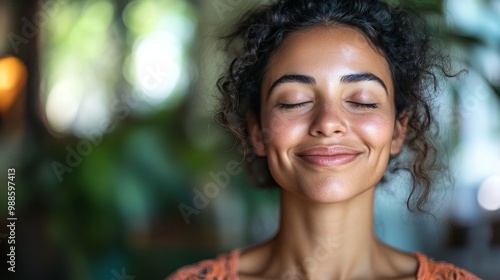 Calm hispanic woman smiling. Latina closing eyes in meditation, Generative AI