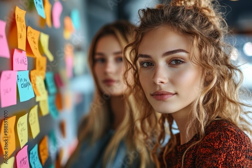 It helps to physically see ideas. Cropped shot of two attractive young businesswomen standing together in the office and making notes on post-its, Generative AI