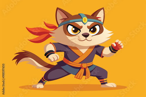 A kungfu cat stands ready in a martial arts pose, showcasing its strength and determination, a cartoon character of a kungfu cat