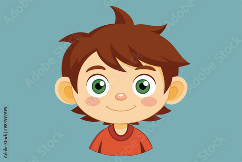 A cartoon character of a little boy smiling with bright green eyes and tousled brown hair against a blue backdrop, a cartoon character of a Little boy face