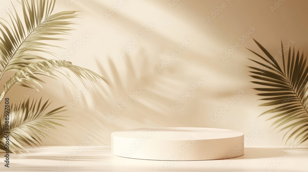 Beige Pastel Background with Palm Leaves. Empty Square Podium Mockup for Cosmetics Beige Pastel Background with Palm Leaves. Empty Square Podium Mockup for Cosmetics