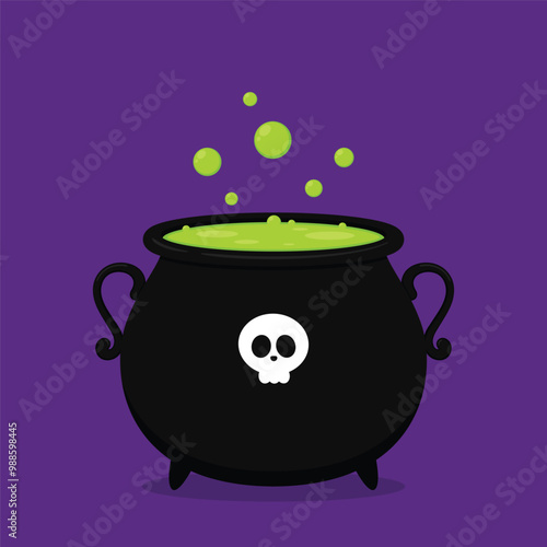 Witch cauldron, Halloween magic pot with green potion. Vector steel boiler with boiling magic brew or steaming goo. Cartoon kettle with poison.