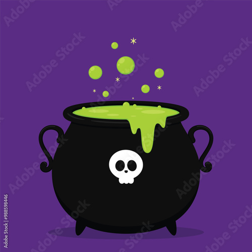 Witch cauldron, Halloween magic pot with green potion. Vector steel boiler with boiling magic brew or steaming goo. Cartoon kettle with poison.