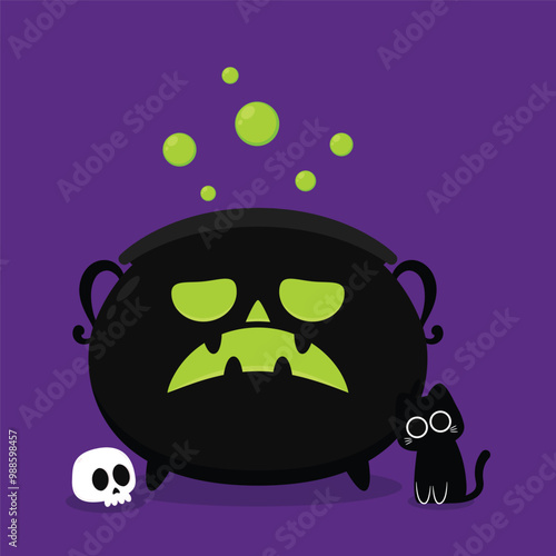Witch cauldron, Halloween magic pot with green potion. Vector steel boiler with boiling magic brew or steaming goo. Cartoon kettle with poison.