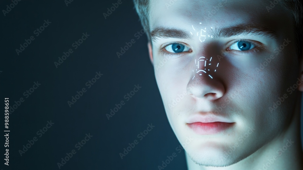 Biometric Face Detection Technology Featuring Middle-Aged Male with Cool Undertones on Plain Background Biometric Face Detection Technology Featuring Middle-Aged Male with Cool Undertones on Plain Background