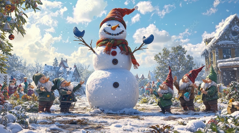 Obraz premium A snowman with a red hat and scarf stands in front of a group of gnomes