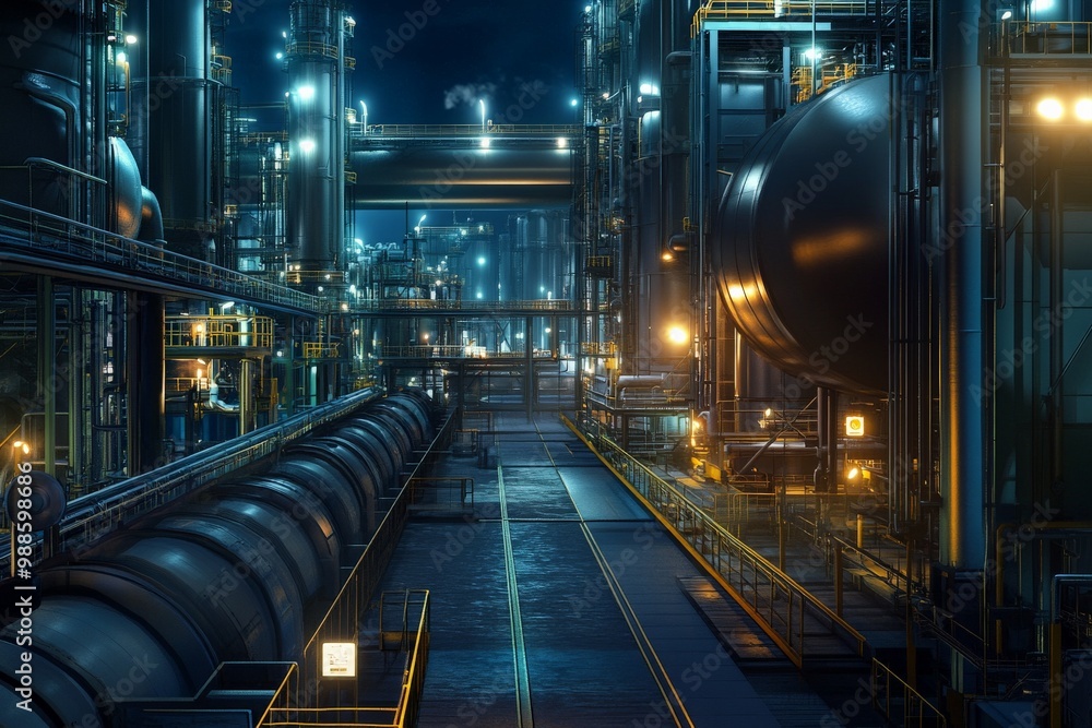 Fototapeta premium Futuristic Industrial Landscape - Glowing Pipes and Machinery in a Sci-Fi Factory