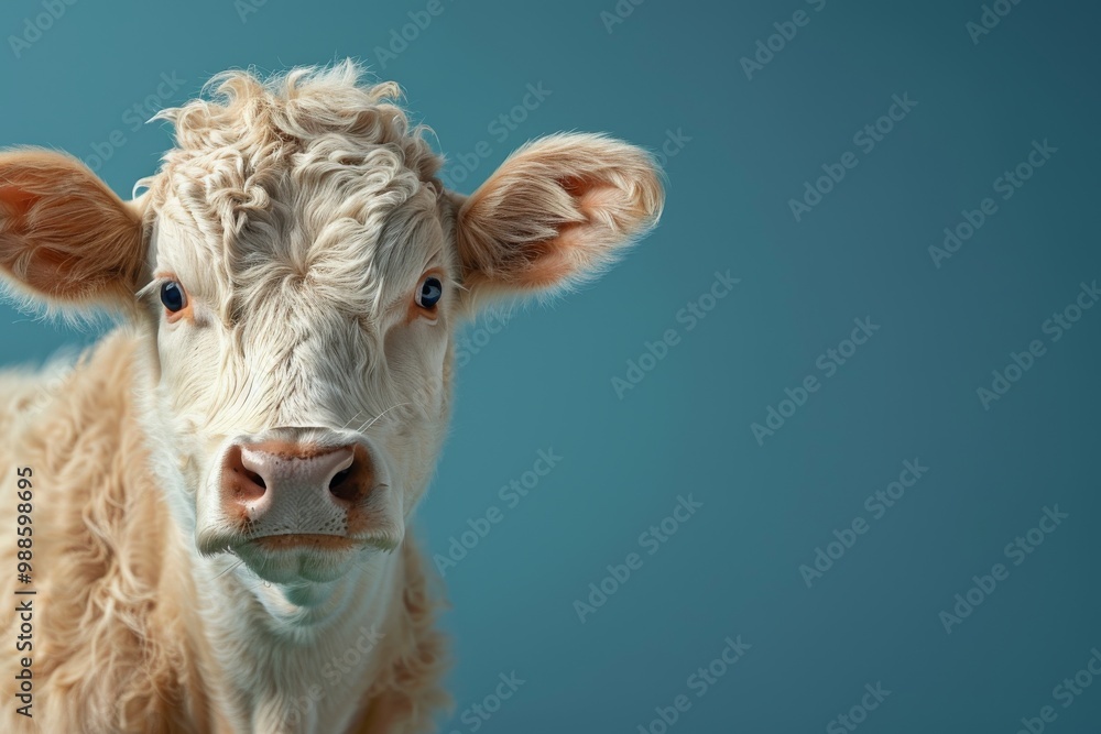 Banner with a cute little young cow on a blue background, space for text, copy space Banner with a cute little young cow on a blue background, space for text, copy space