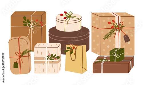 Set of various Christmas gift boxes. Flat illustration isolated on white background.