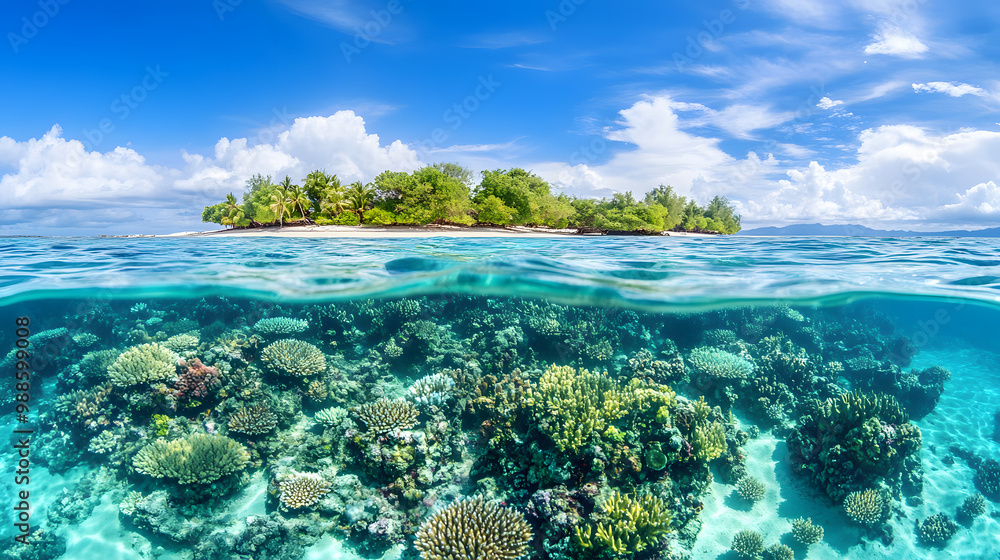 An unspoiled island with a hidden lagoon and vibrant coral gardens visible through the clear waters. An unspoiled island with a hidden lagoon and vibrant coral gardens visible through the clear waters.