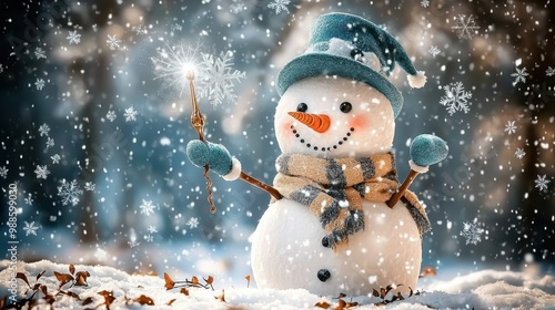 A snowman with a blue hat and scarf holding a sparkler