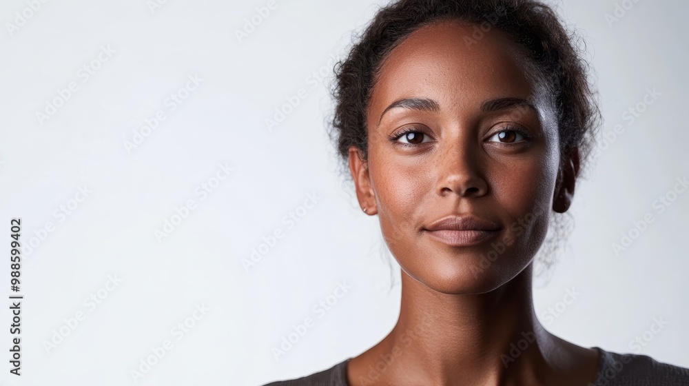 Biometric Face Detection of Middle-Aged Woman with Warm Medium Brown Skin Tone in Soft Lighting against Plain Background