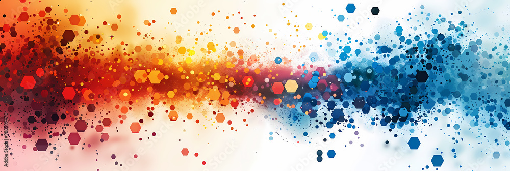 Obraz premium Abstract digital art with red, orange, and blue hues in a scattered, geometric pattern.