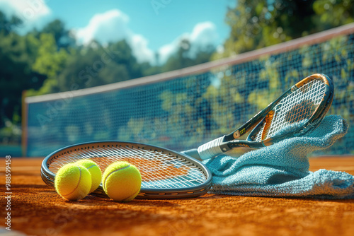 Tennis rackets with a ball are lying on a tennis court photo